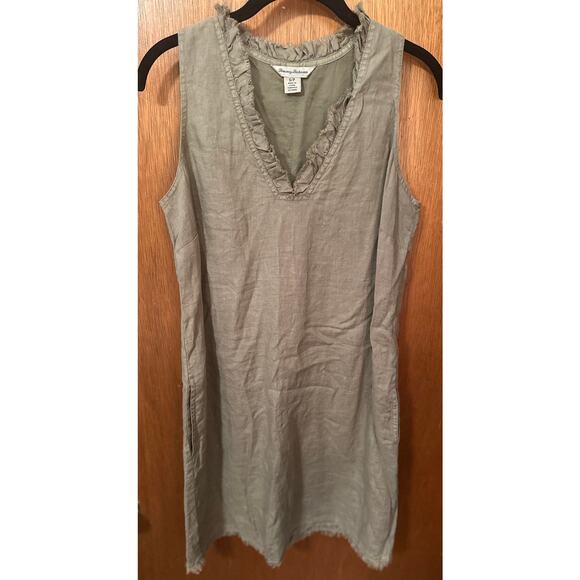 TOMMY BAHAMA TWO PALMS RUFFLE LINEN TEA LEAF SLEEVELESS DRESS; S - Picture 3 of 5